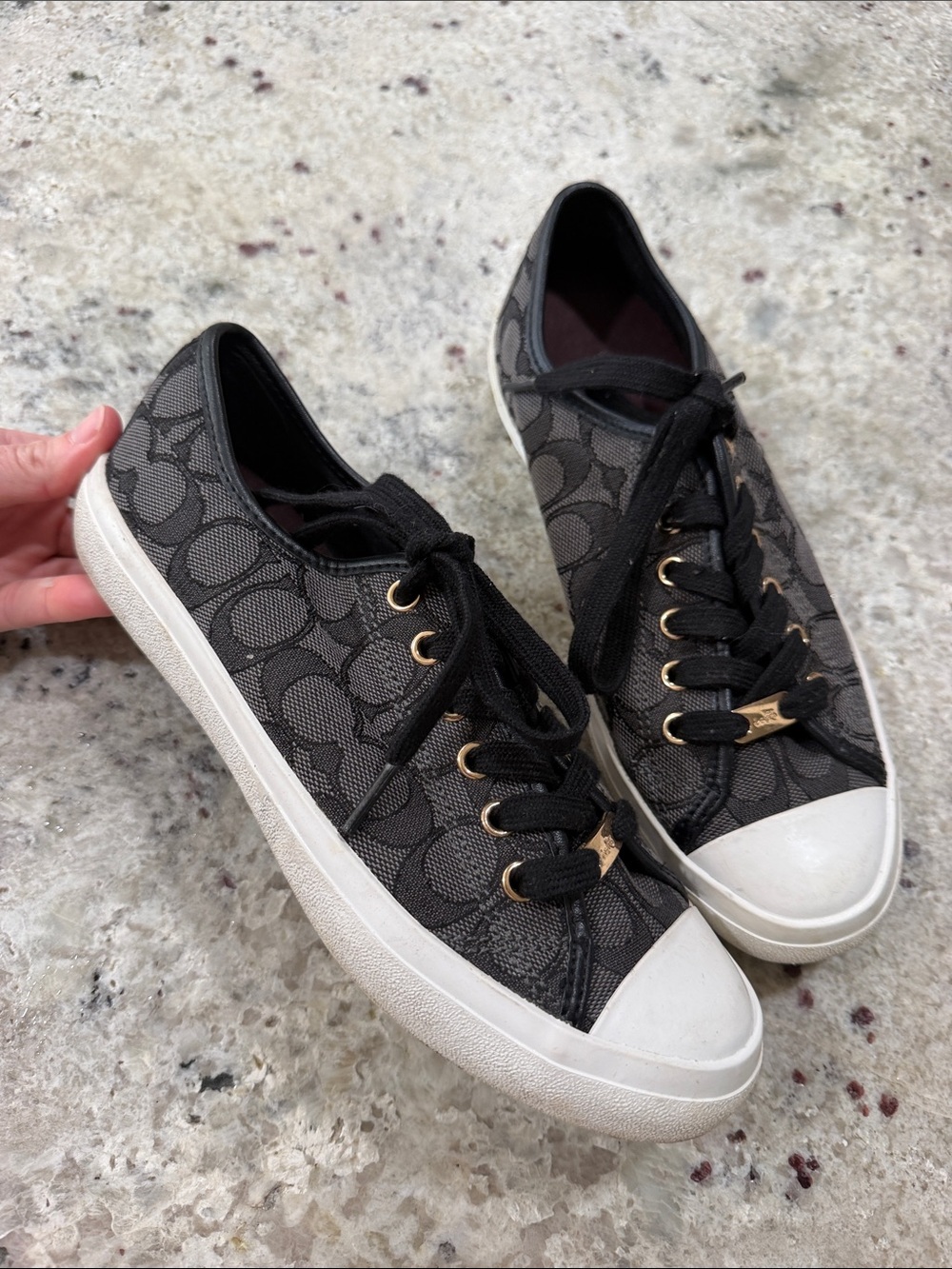 Coach Empire Low Top Sneakers Black Signature Canvas Shoes Lace Up Womens 7.5